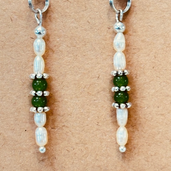 Stainless Steel Dangle Earrings Genuine Freshwater Pearls & Green Jade Hand Made - Picture 5 of 12